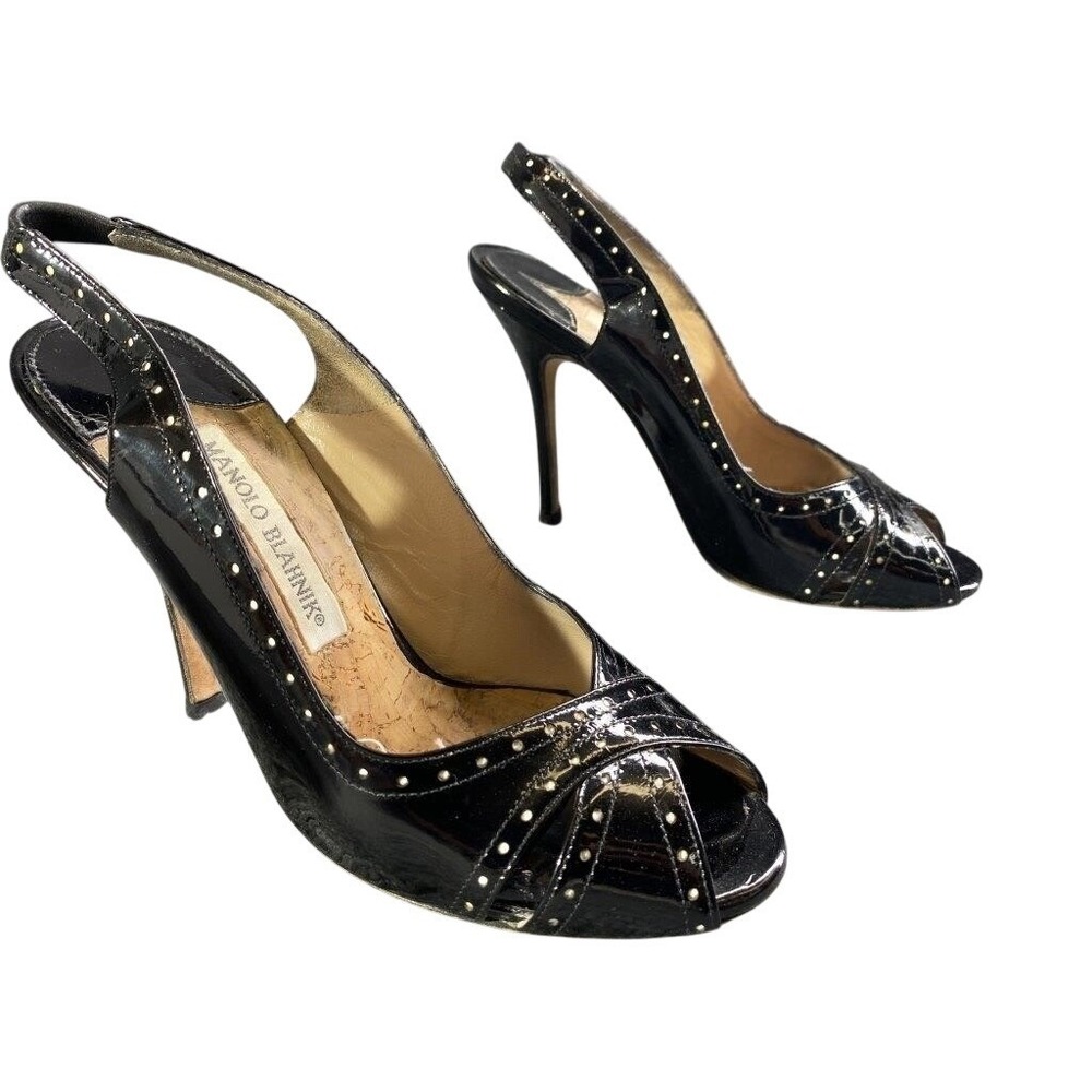 Manolo Blahnik Pumaslipe Black Patent Leather Slingback Peep Toe Pumps 36